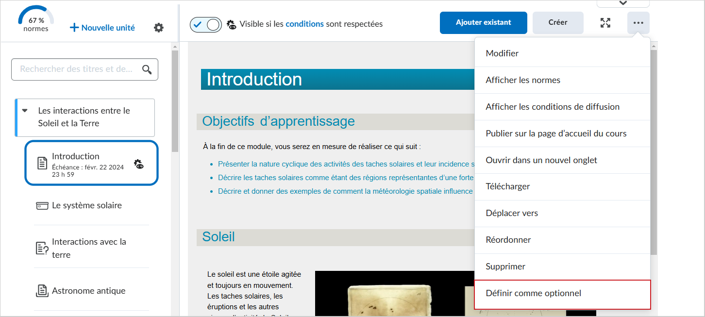 Le menu Options de l'outil Contenu comprend l'option Définir comme facultatif pour un sujet de contenu.