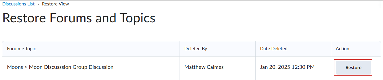 De pagina Forums en onderwerpen herstellen. Het groepsdiscussieonderwerp Manen > Discussiegroep Maan wordt vermeld. De knop Herstellen is gemarkeerd.