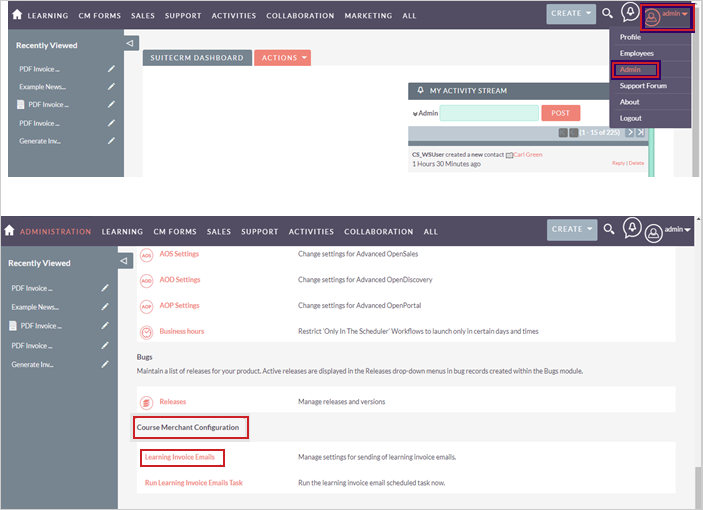 The main navigation menu showing the Admin option. The Learning Invoice Emails option is on the Admin page.