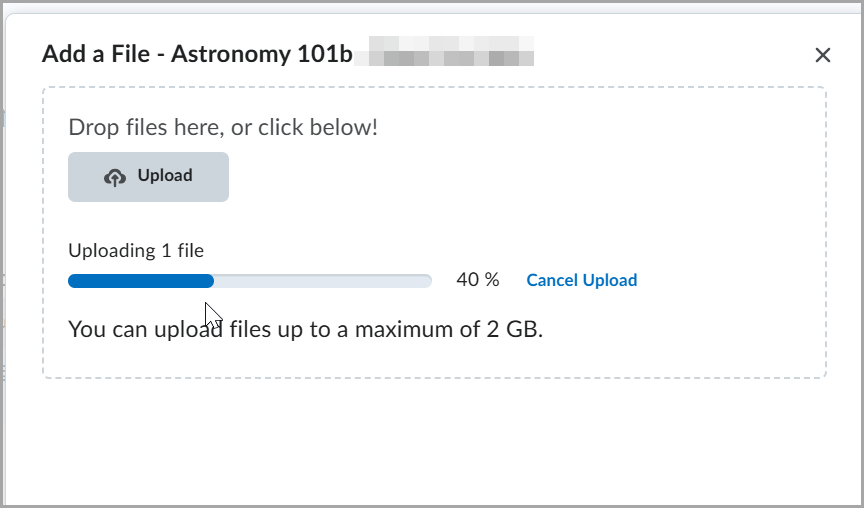 Progress bar showing updates during the process of adding a module to the Table of Contents in D2L Brightspace.