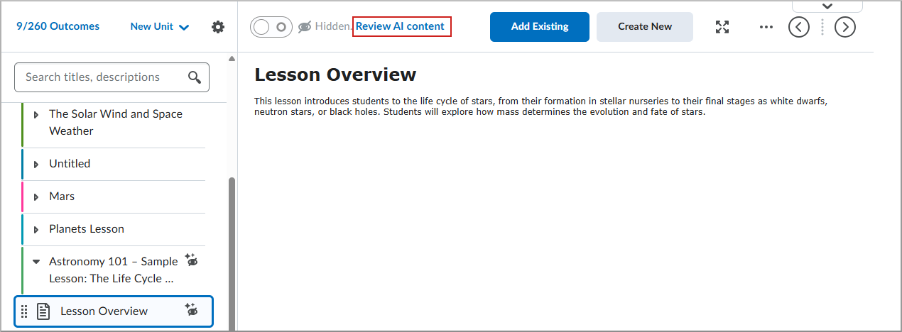 A hidden unit in Content with the Review AI content button displayed.