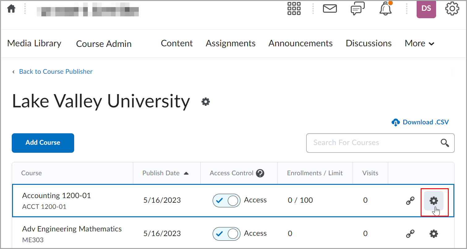 La página de la lista Publicación del curso con el ícono Configuración (engranaje) resaltado