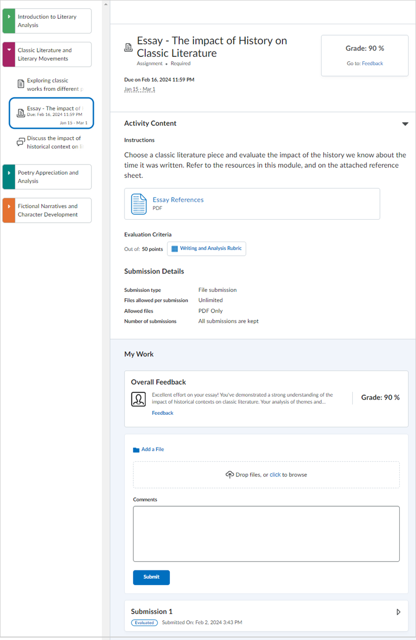 The learner view for display pages. The activity content, attached rubric, evaluation criteria, submissions details, and My Work section are shown.