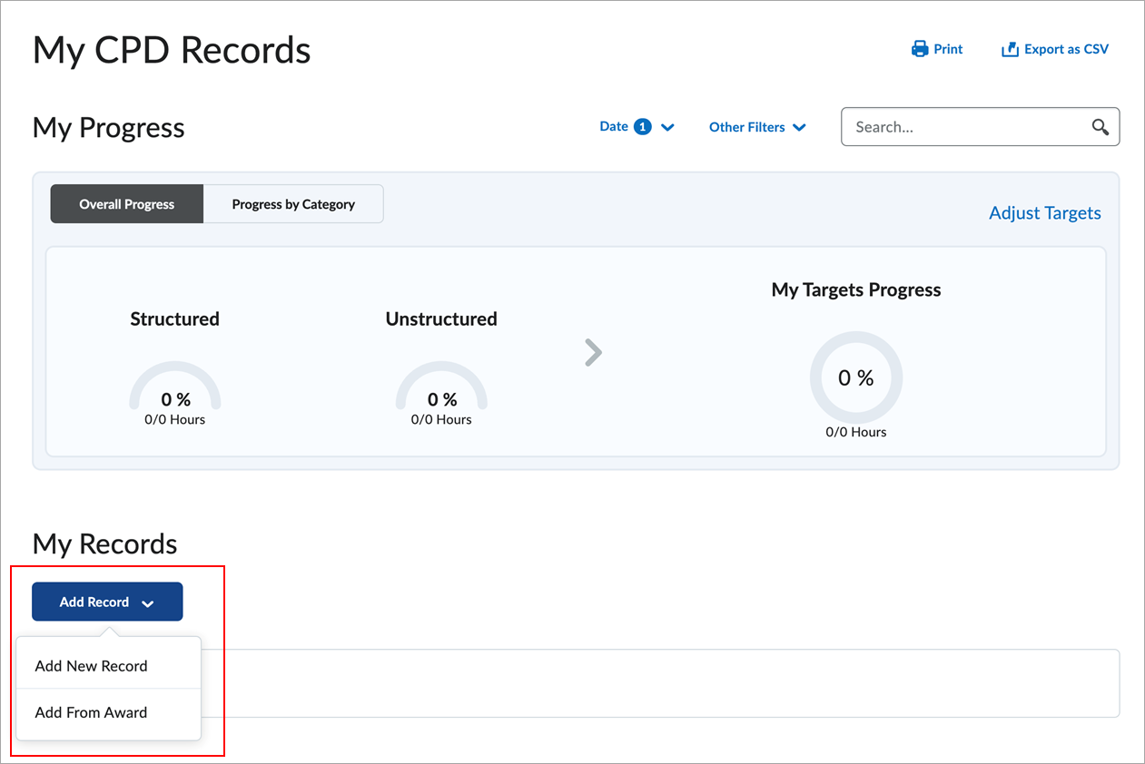 MY CPD Records page with the Add Record button in the bottom-left corner