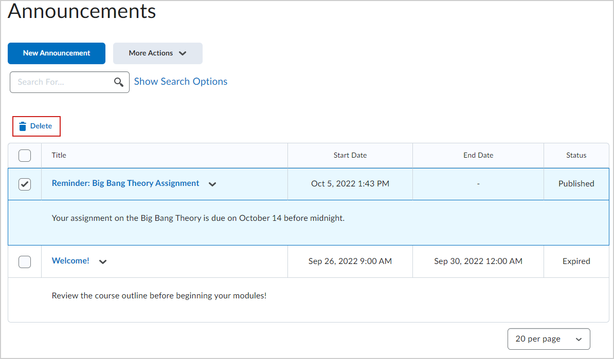 The Delete button on the Announcements page.