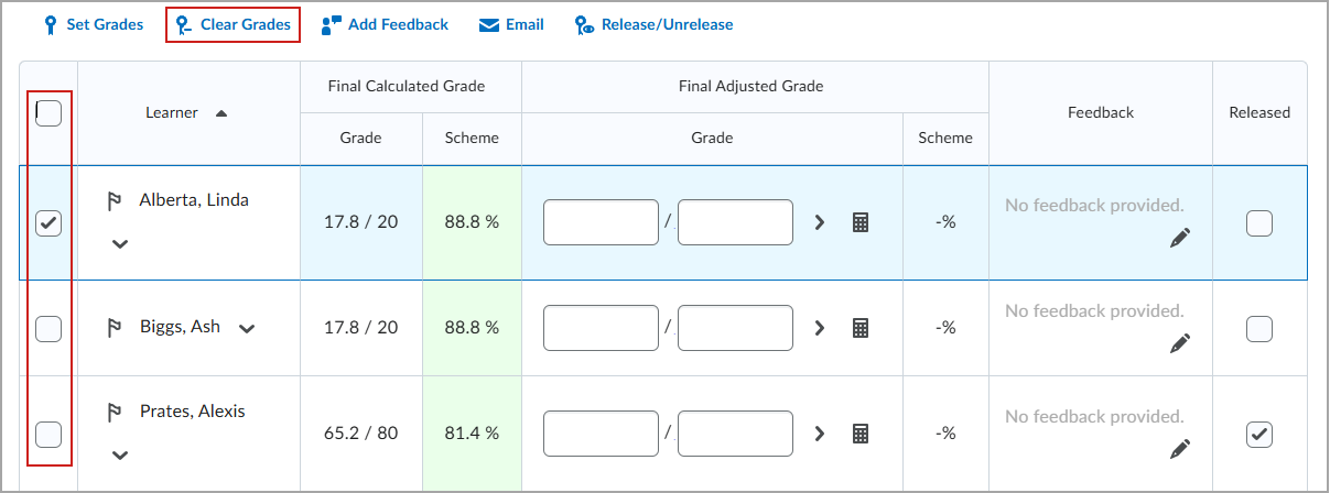 Cuaderno de calificaciones de Brightspace con la opción Borrar calificaciones seleccionada para eliminar las calificaciones de los estudiantes seleccionados