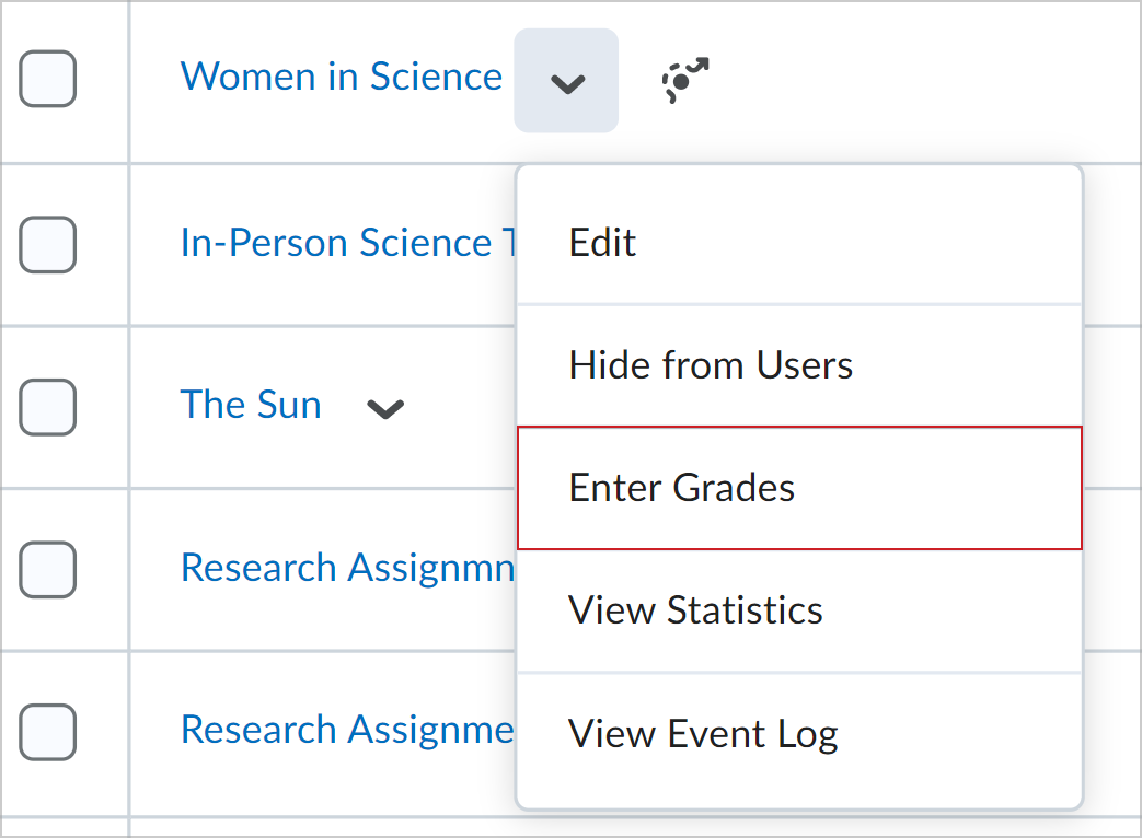 Le menu Actions d'un élément de note présente l'option Saisir les notes.