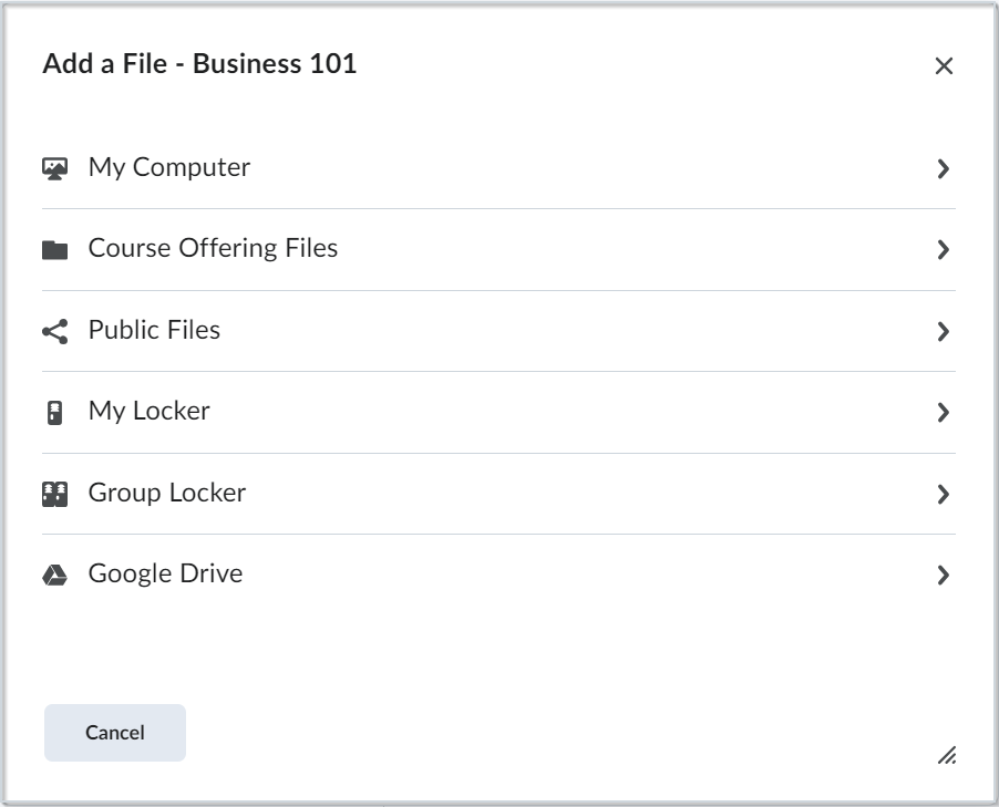 The Add a File contextual window showing the options My Computer, Course Offering Files, Public Files, My Locker, Group Locker, and Google Drive.