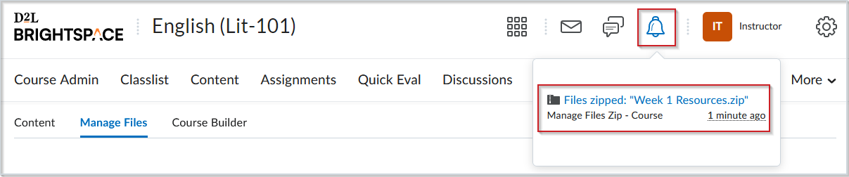 An example of an Alerts notification from completing adding files to a ZIP archive. The notification appears as "Files zipped", followed by the file name, the location, and how long ago the notification was sent.