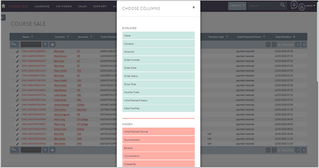 The Column Choose menu with options for Displayed and Hidden columns