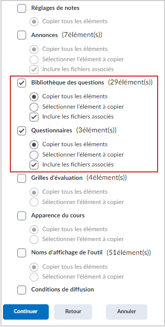 Les options Bibliothèque des questions et Questionnaire de la page Copier les composants du cours.