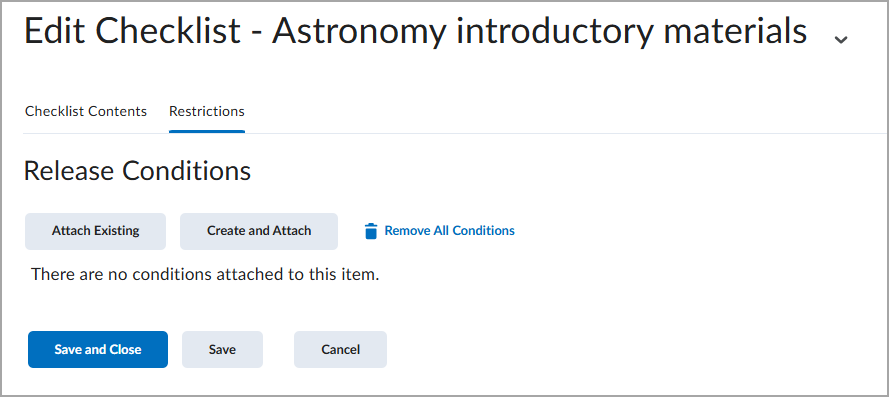 Edit Checklist page with Restrictions tab open