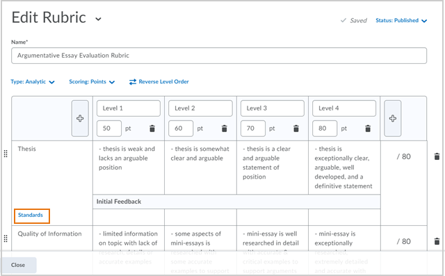 The Edit Rubric page with Standards highlighted.