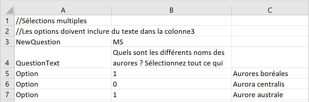 Un exemple de question à sélections multiples ajoutée à votre fichier CSV.