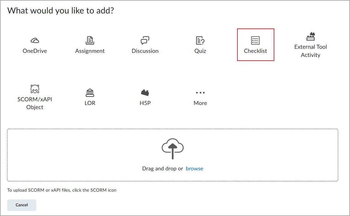 Add content dialog with Checklist option highlighted for selection