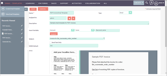 The editing fields for a PDF Invoice Email Template