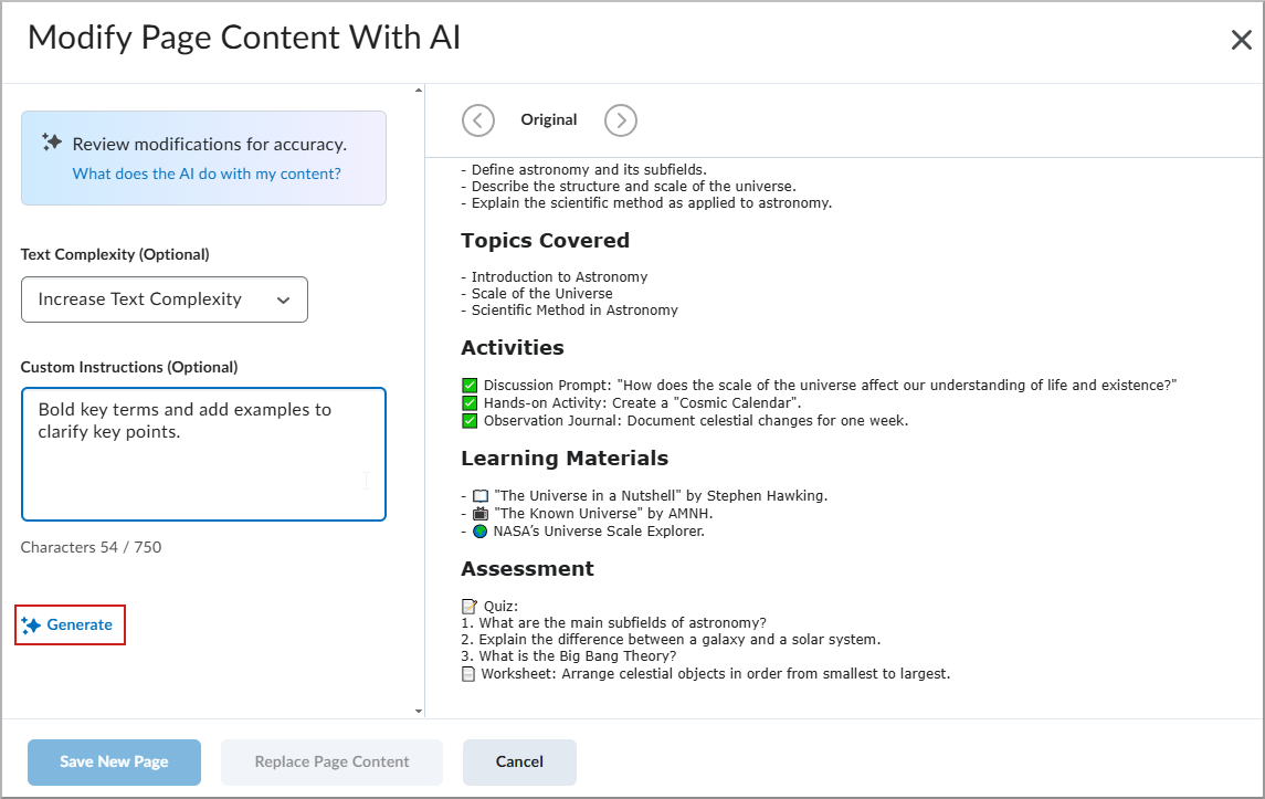 Modify Page Content with AI screen with Yexy Complexity and Custom Instructions and the Generate option highlighted.