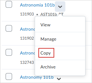 L'onglet Cours dans lequel le menu déroulant d'un cours est sélectionné. La copie est mise en évidence dans la liste d'options.