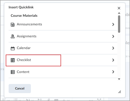 The Insert Quicklink dialog with Checklist selected