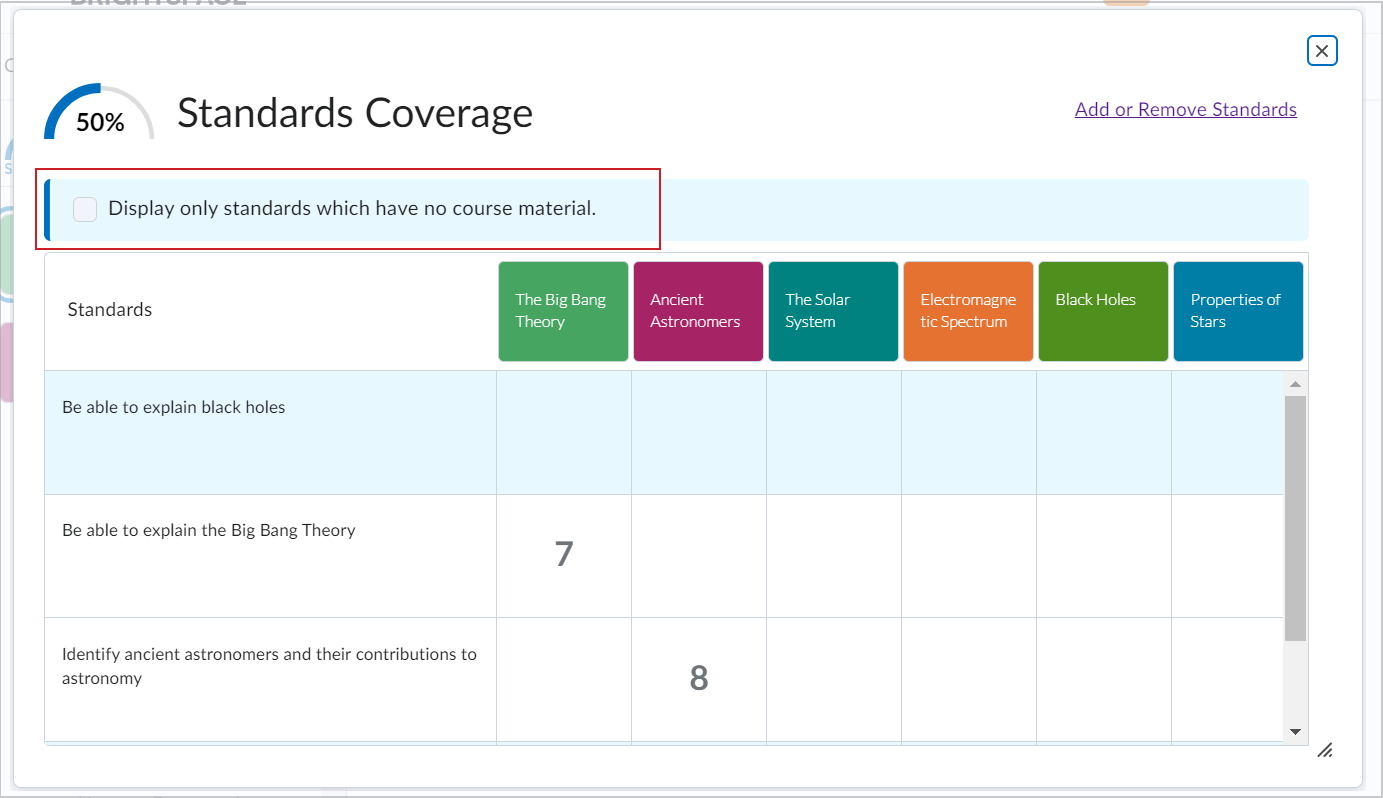 The Display only standards which have no course material check box in Standards Coverage.