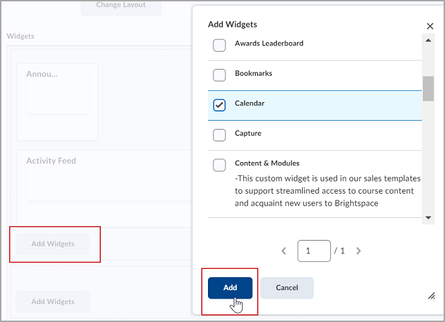 Adding a new widget in the Add Widgets dialog