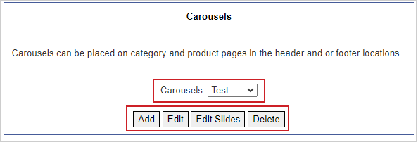 The Carousels page showing the Carousels drop-down menu and the Add, Edit, Edit Slides, and Delete buttons