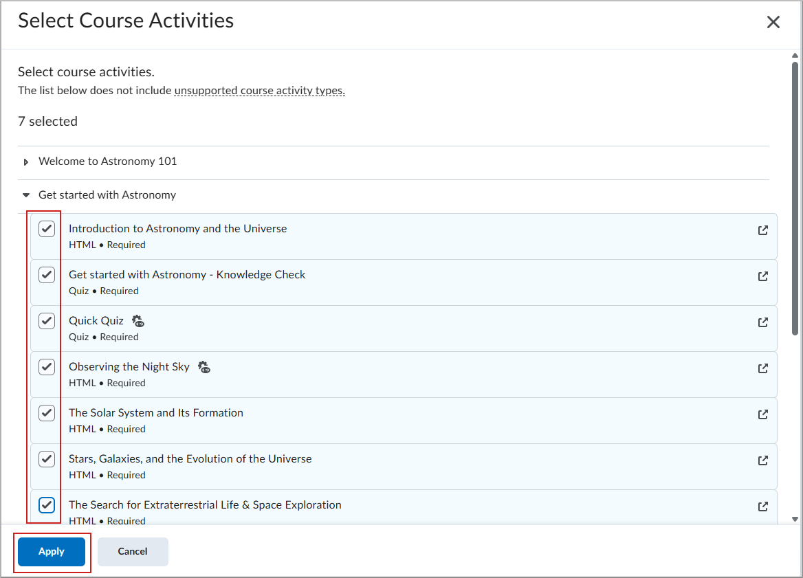 Select course activities dialog with the activities available to be selected.