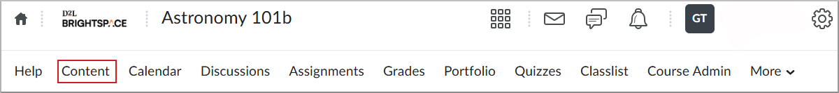 شريط التنقل في Brightspace مع تحديد المحتوى في القائمة العلوية