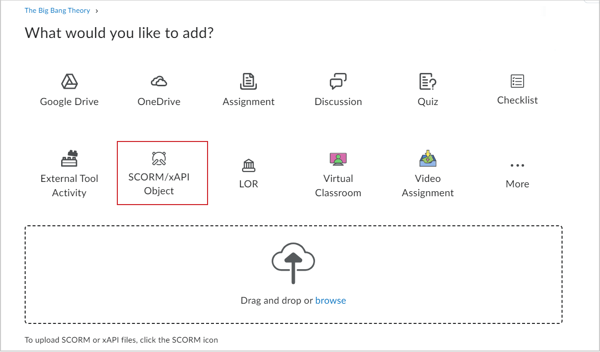 La opción objeto SCORM/xAPI de la página ¿Qué le gustaría agregar?