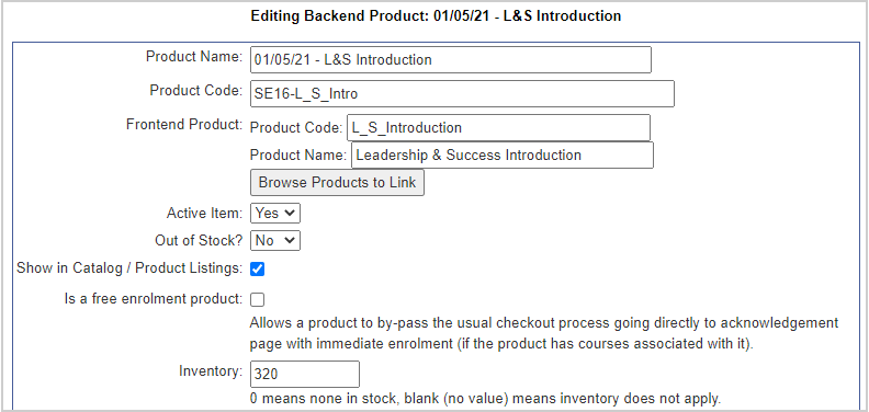 De velden voor het maken en bewerken van een back-endproduct in de producteditor