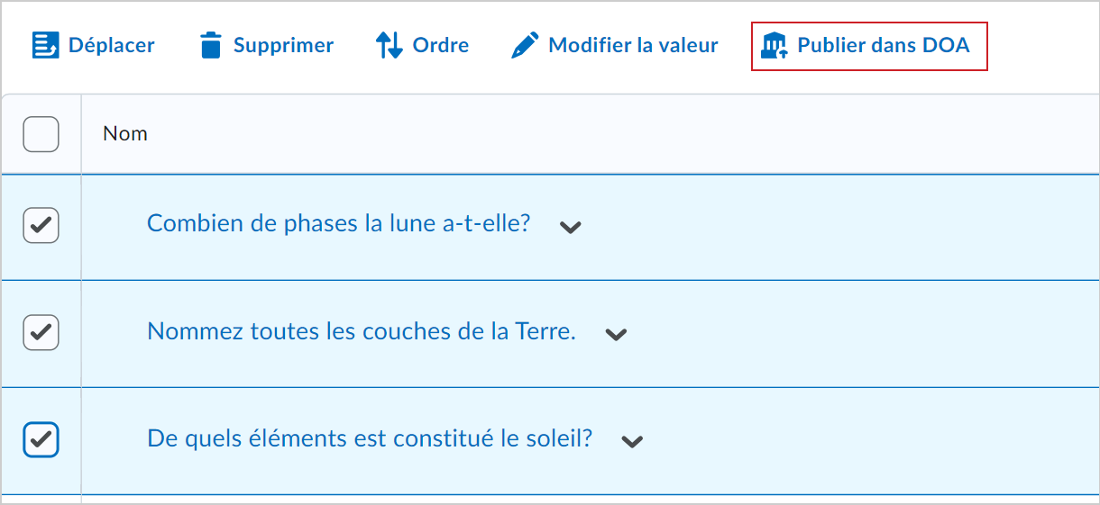 L'option Publier dans le DOA de la Bibliothèque de questions.