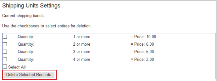 The Delete Selected Records button on the Shipping Units Settings page