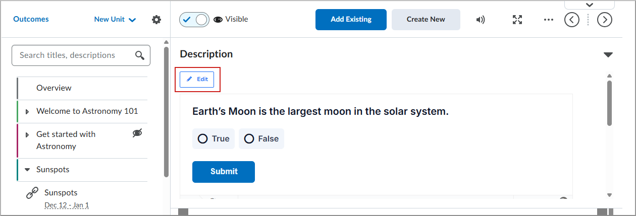 Page de l’outil Contenu dans laquelle l’option Modifier est mis en évidence.