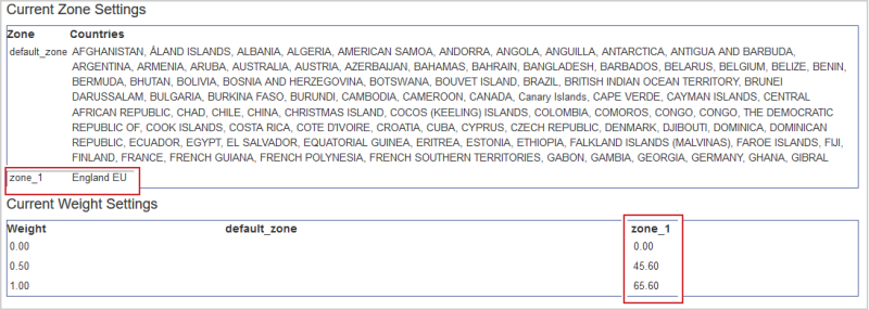 As Configurações de zona atuais mostram a Zona e os Países. As Configurações de peso atuais mostram o Peso e a Zona.