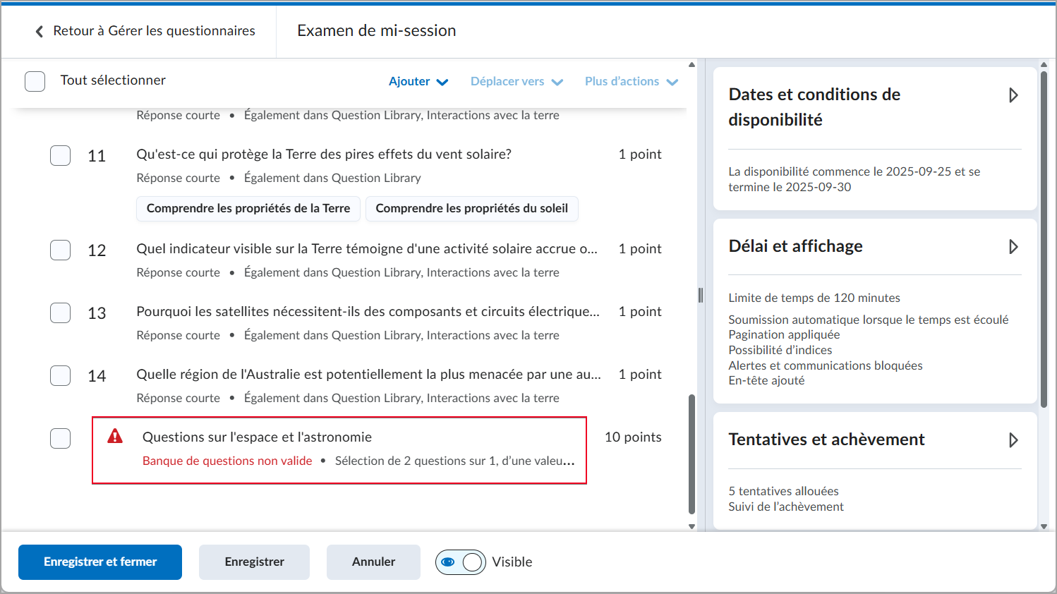 La page Modifier le questionnaire montre un exemple de banque de questions non valide avec une icône d'avertissement.