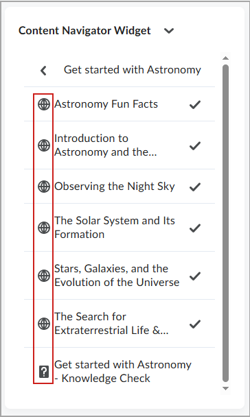 Pantalla del componente Navegador de contenido que muestra los íconos habilitados para los temas del curso Introducción a Astronomía.