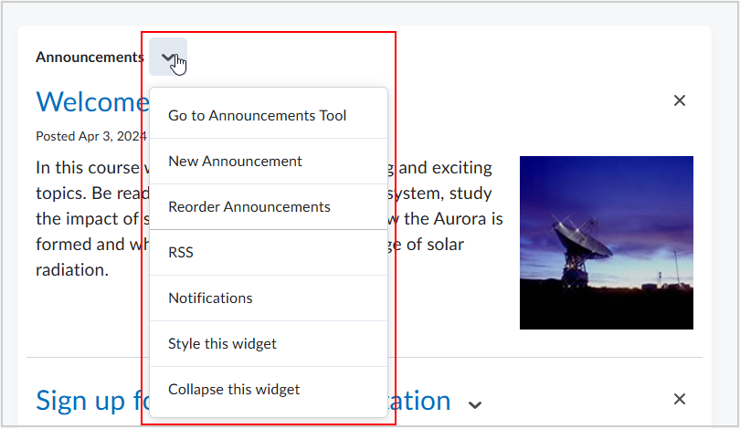 Exemplo de um menu Ações do widget mostrando as opções disponíveis.