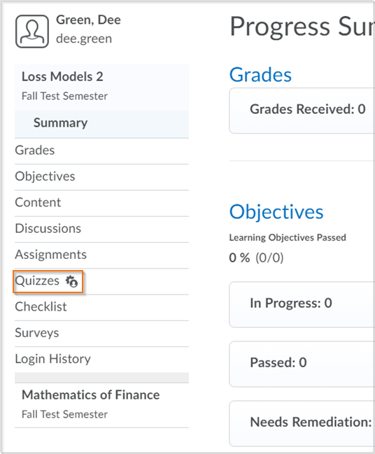 Progress Summary page with the accommodations icon next to the Quizzes progress indicator