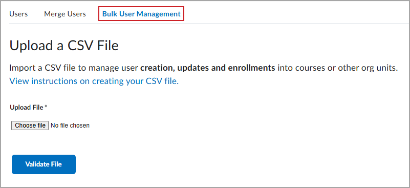The Bulk User Management tab highlighted in the Users tool in a Distributed Administration setup