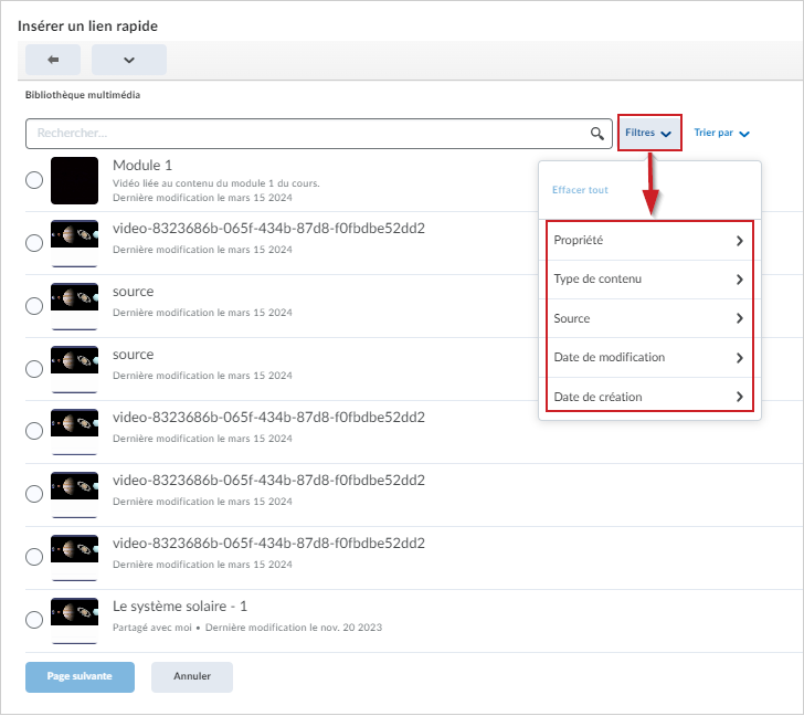 Les nouvelles options de filtre incluses dans la fonctionnalité Insérer un lien rapide de l’éditeur Brightspace.