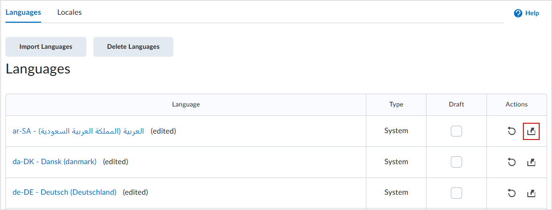 Languages management page in Brightspace, displaying a table of languages with columns