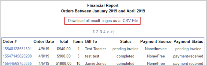 The Financial Report list for orders with the option to download it as a CSV file