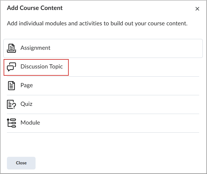 L'option thème de discussion sélectionnée dans le menu Ajouter du contenu.