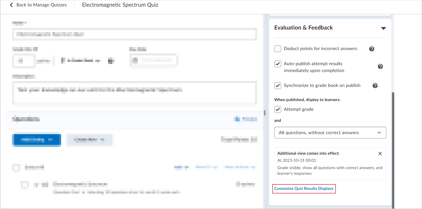 The Evaluation and Feedback accordion showing the Customize Quiz Results Displays button.