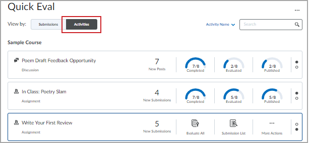 The Activities view, displaying submissions left to be evaluated.