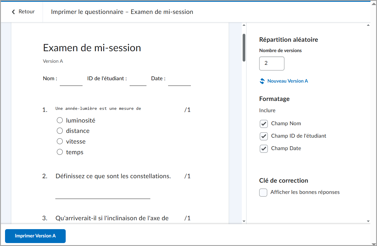 Aperçu d'impression d'un questionnaire affichant les options de formatage.