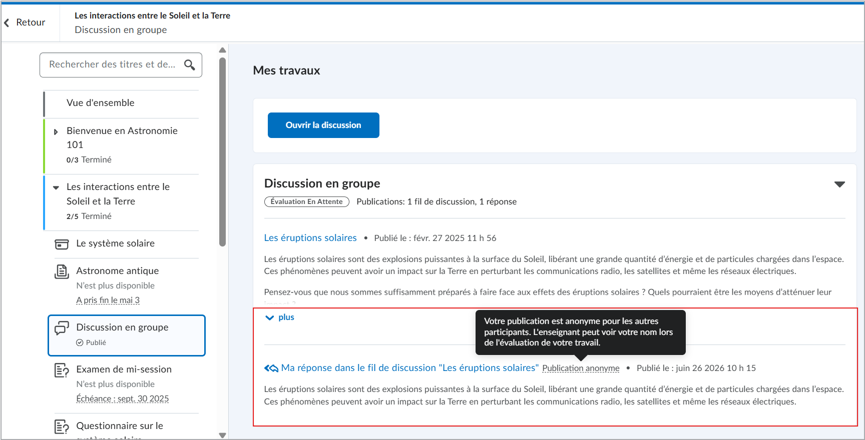 Vue de l'apprenant d'une publication anonyme dans une discussion.