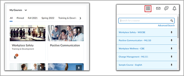 The My Courses widget and Course Selector on your Organization Homepage enable you to navigate to your courses.