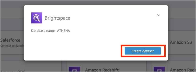 La ventana emergente de la fuente de datos se titula "Brightspace" y tiene un ícono de lupa de color morado en la parte superior izquierda y el botón "Crear conjunto de datos" en la parte inferior derecha.
