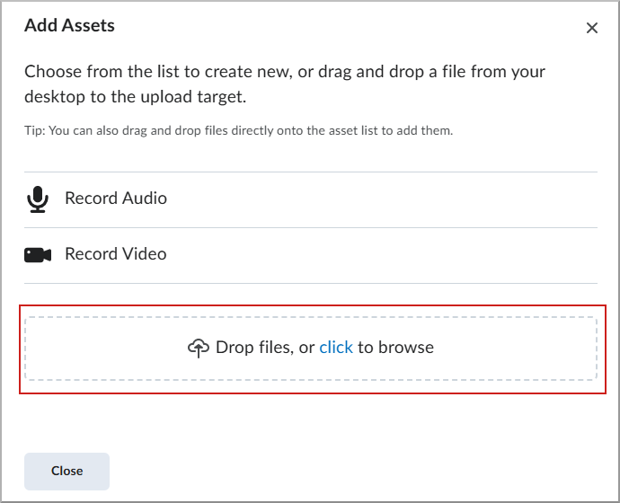 Pantalla Agregar activos con Soltar archivos o clic para explorar resaltado.